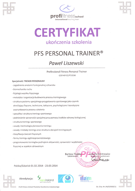 Certyfikat ukończona szkolenia PFS Personal Trainer